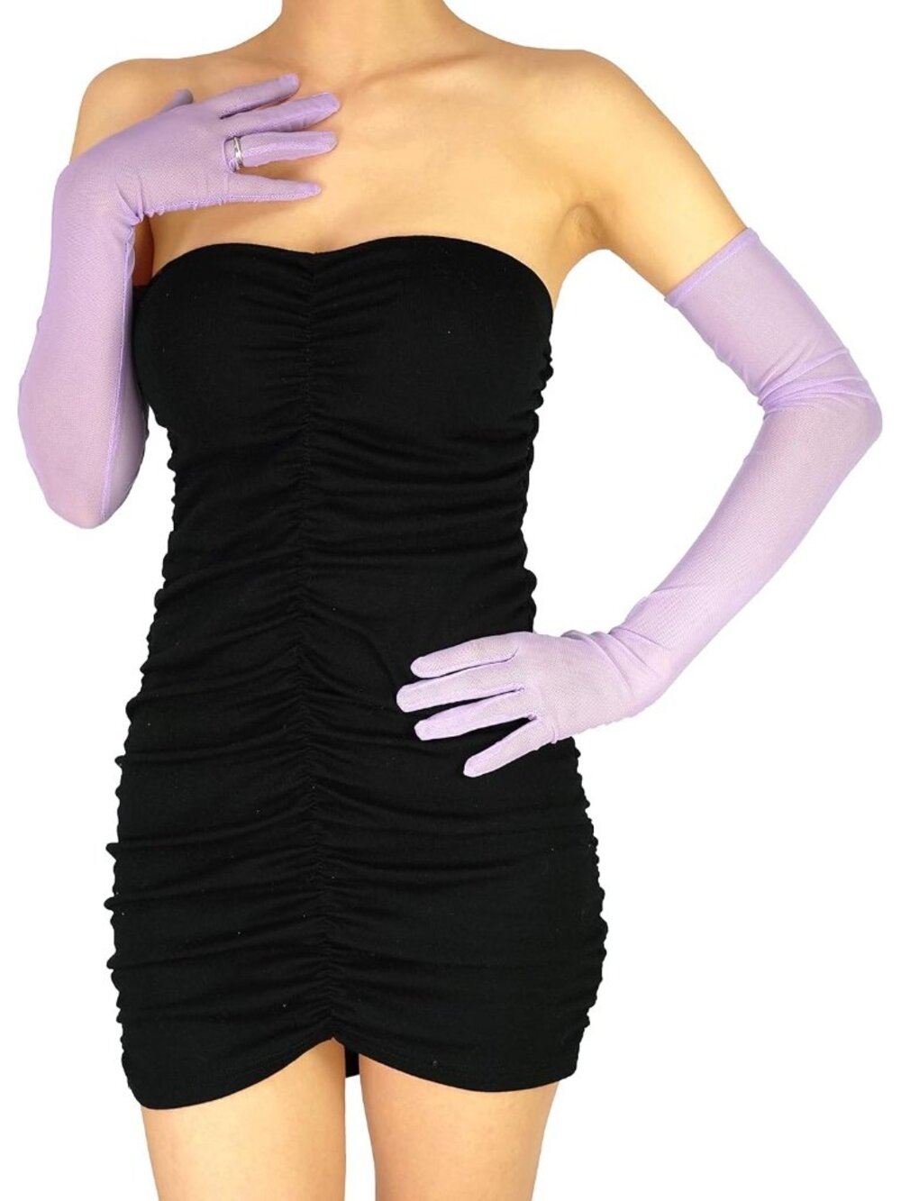 Women's Lavender 1920s Stretchy Elbow Length Long Sheer Mesh Tulle Opera Gloves